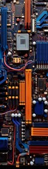 Detailed image of various connectors on a hightech motherboard, highlighting the precision and complexity of computer hardware - obrazy, fototapety, plakaty