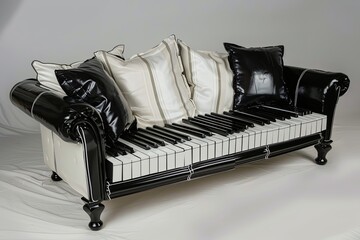 sofa made of piano keyboard, surrealism, creative furniture design.