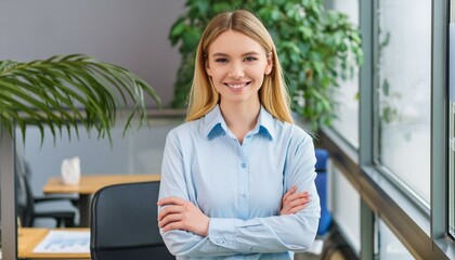 successful business woman, boss in shirt smiling and looking at camera in office with crossed arms