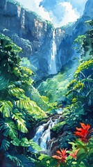 Tropical Waterfall Watercolor Paradise - obrazy, fototapety, plakaty