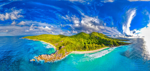 Seychelles, Africa. Panoramic aerial view of La Digue Island on a sunny day - Powered by Adobe