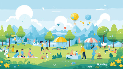 Characters relaxing in park on summer holiday. Tiny