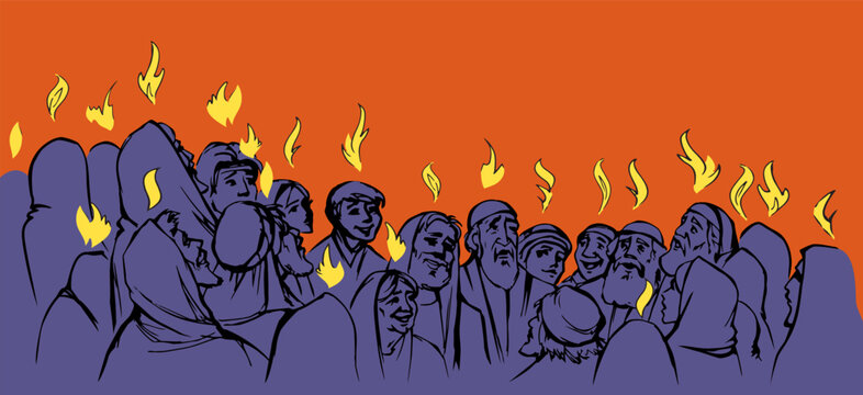 Vector drawing. Pentecost day. Many people came together for praying