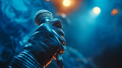 A person wearing a black glove is holding a microphone on a stage. The background is blue and there...
