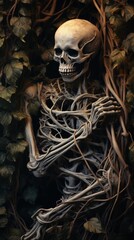 A haunting image of a skeleton intertwined with twisting wooden vines, bathed in a soft glow
