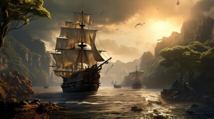 Obraz premium A majestic wonderland filled with pirate ships made of bronze