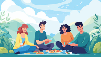 Cheerful friends relaxing together enjoying picnic