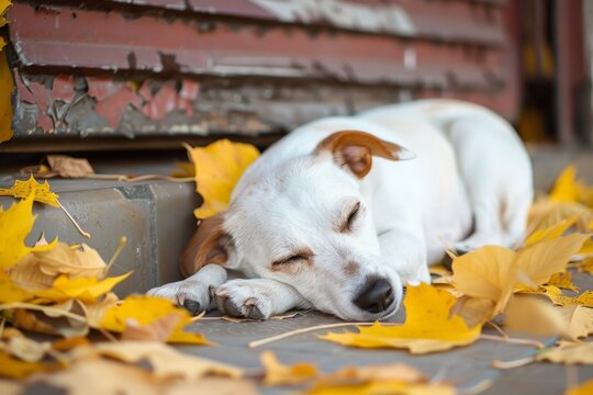Sleepy yellow labroador lazily blinks sleeping on blanket, close-up. Beautiful simple AI generated image in 4K, unique.