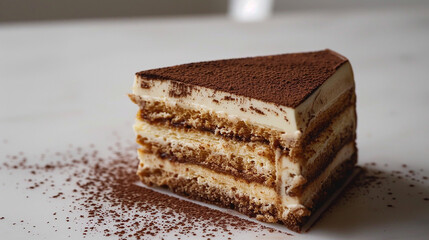 A slice of heavenly tiramisu showcasing layers of espresso-soaked sponge.