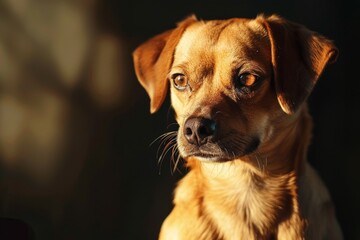 Charming, sweet puppy of chocolate color. Close-up, indoor. Day light. Concept of care, education, obedience training, raising pets. Beautiful simple AI generated image in 4K, unique. - obrazy, fototapety, plakaty