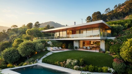 Beautiful modern design architecture image of home with pool. Generative AI.