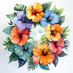 Colorful Hibiscus Watercolor Wreath Art - obrazy, fototapety, plakaty