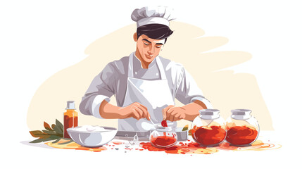 Chef cook adding condiment to restaurant dish. Prof
