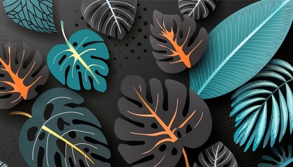 Textures of abstract black leaves for tropical leaf background. Flat lay, dark nature concept, tropical leaf, paper art and handmade design