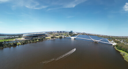 Aerial view of Matagarup Bridge and Swan River in Perth