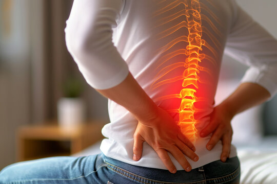 man on bed holds stomach, orange elbow sleeve on knee in pain. Generative AI