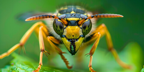 Fototapeta premium Vivid macro close-up of a wasp, highlighting detailed eyes, yellow and black hues against a green backdrop.