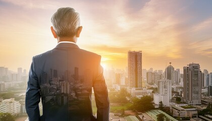 The double exposure image of the business man standing back during sunrise overlay with cityscape image. The concept of modern life, business, city life and internet of things