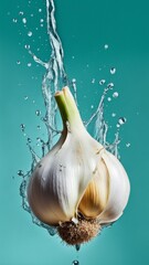 A vegetable poster, Some garlic, A splash of water.