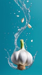 A vegetable poster, Some garlic, A splash of water.