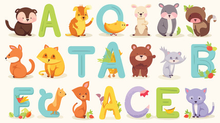 Childish alphabet English letters set with cute ani