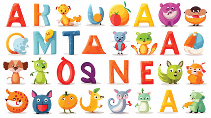 Obraz na płótnie Canvas Childish alphabet English letters set with cute ani