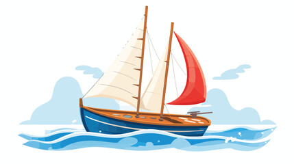 Childish boat with sails and flag floating in sea o