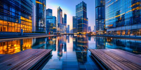 Twilight serenity in a cityscape; deep blues and golden lights reflecting off modern buildings.