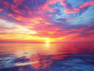 A beautiful sunset over the ocean with a pink and orange sky. The water is calm and the sky is filled with clouds
