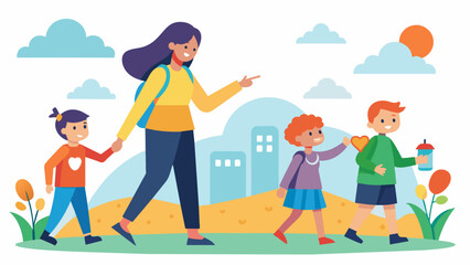 Naklejka premium A mother leads her family through the scenic route of the charity walk pointing out different landmarks and explaining the cause they are