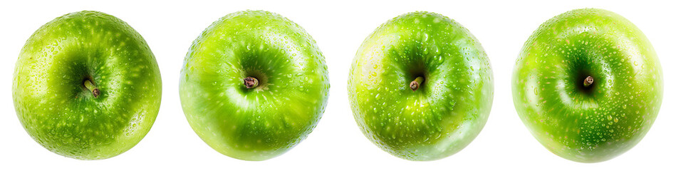 Set of green apples isolated on a transparent background, Top view