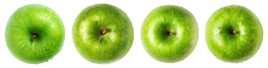 Set of green apples isolated on a transparent background, Top view