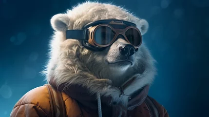 Fotobehang Stylish Polar Bear Wearing Snow Goggles and Winter Gear. Generative ai © Yevheniiya