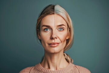 Signs of aging tips emphasize expression line and composition comparison, integrating time-sensitive skincare solutions that address acne and makeup challenges in visual metaphors.