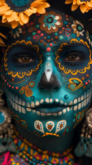 Cinco de Mayo. Closeup of a human face painted like a sugar skull with electric blue accents. Generative AI