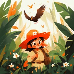 Young Explorer Amidst a Flock of Birds in the Jungle. Generative ai