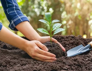 Fotobehang person planting a seedling © valentin_b90