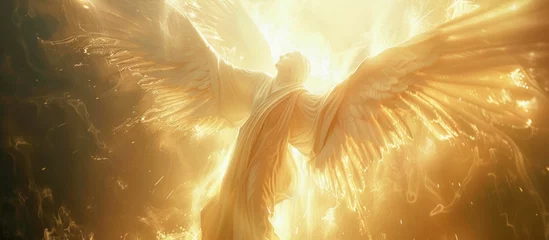 Fotobehang Divine Emissary: An Angel Radiating Light. Generative ai © Yevheniiya
