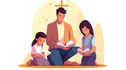 Christian Catholic family praying. Religious parent