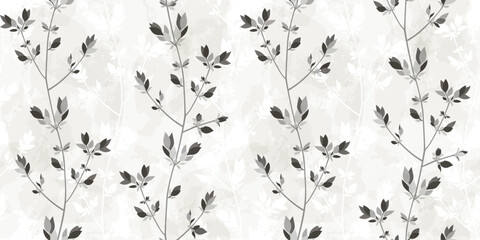 Spring branches seamless vector pattern. Small leaves prune, watercolor delicate grey floral ornament
