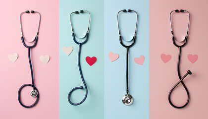 Collage with stethoscopes and hearts on color background
