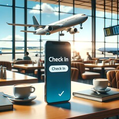 Smartphone Displaying 'Check In' with 3D Plane Above at Airport Cafe - obrazy, fototapety, plakaty