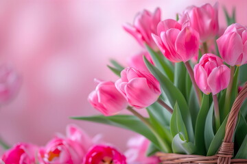 Fototapeta premium Banner with flowers on a light background. Bouquet of tulips on a pink background. Greeting card template for wedding, mother's day or women's day. Spring composition with copy space. Flat style