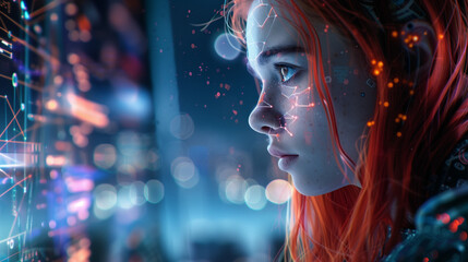 Modern girl with ginger hair, future. Network, information, web, science, technology, connection - obrazy, fototapety, plakaty