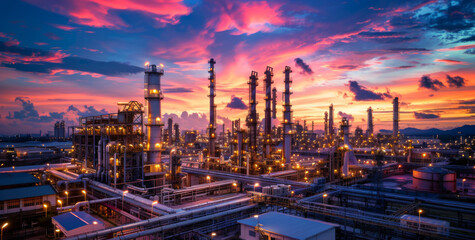 Petrochemical Industry: Oil Refinery Plant and Tower Column at Night