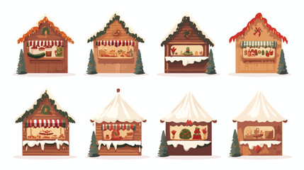 Christmas market stalls set. Wooden chalets outdoor