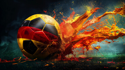 Soccer ball painted in german flag colors, black, red and yellow segments, surrounded by splash of colorful paint against atmospheric background of football field in stadium arena, fair play concept - obrazy, fototapety, plakaty
