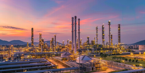 Petrochemical Industry: Oil Refinery Plant and Tower Column at Night