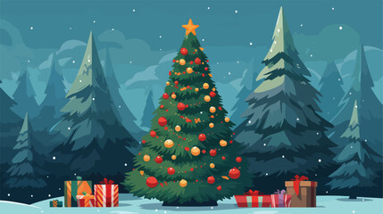 Christmas tree flat vector illustration. Wrapped pr - obrazy, fototapety, plakaty
