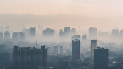 A city skyline is shown with a hazy, smoggy atmosphere. The buildings are tall and the sky is filled with clouds. The scene is one of pollution 